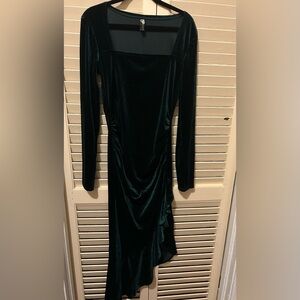 Long-Sleeve Velvet Asymmetric Dress in Forest Green